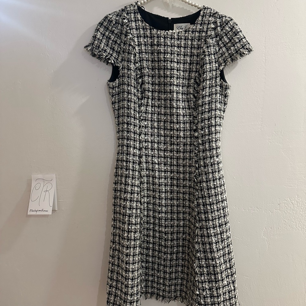 Eliza J Black and White Sheath Dress with Flutter Sleeves